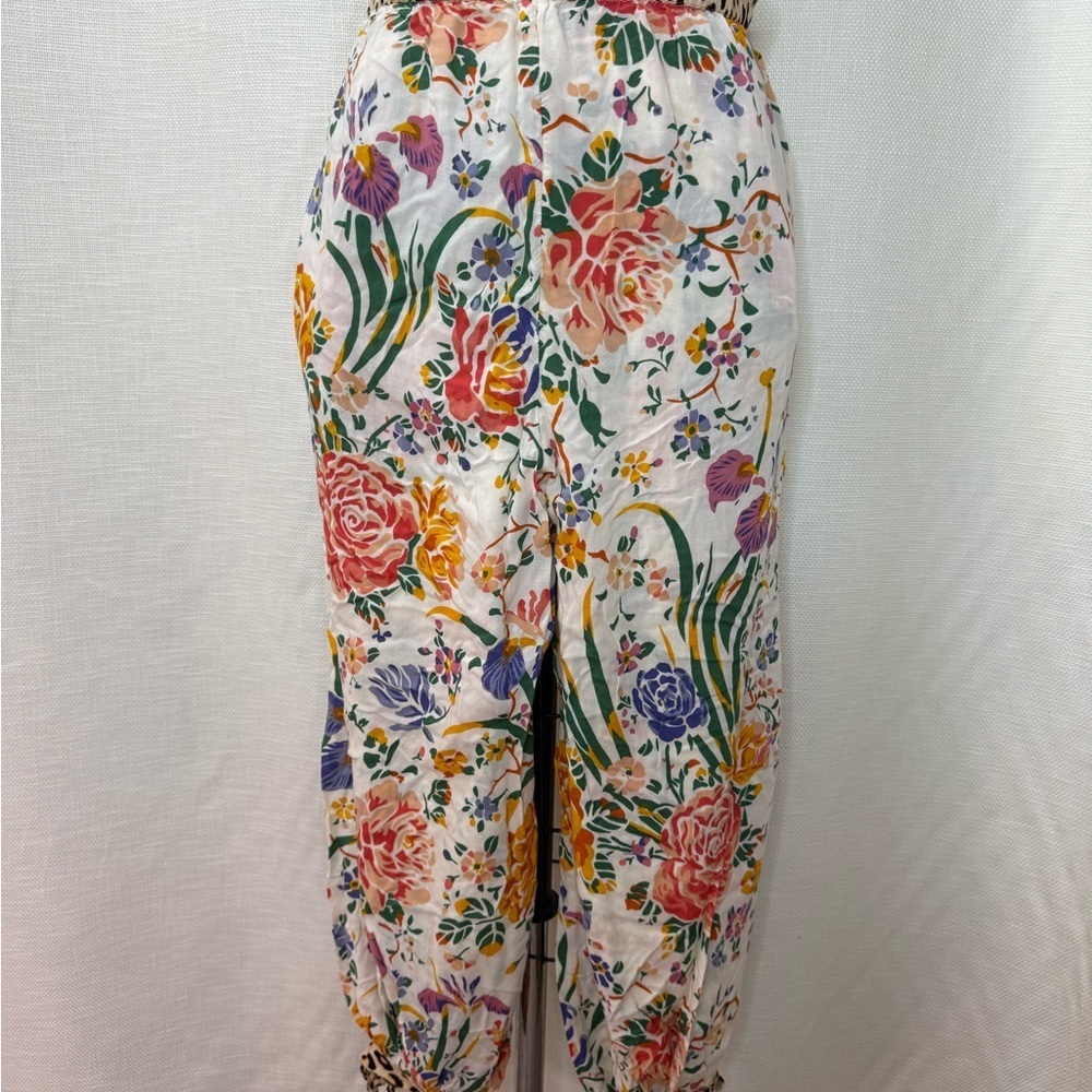 Anthropologie Floral Pants Leopard Trim Boho Crop Tie Hem Statement XS - Picture 3 of 10